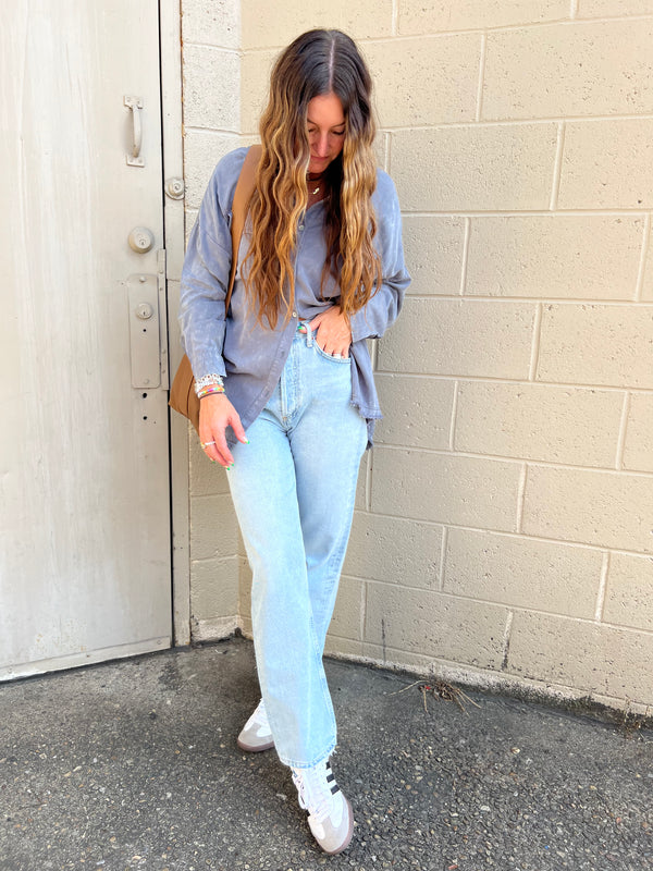 VINTAGE MINERAL WASH BUTTON UP LONG SLEEVE SHIRT IN GRAY - THE HIP EAGLE BOUTIQUE