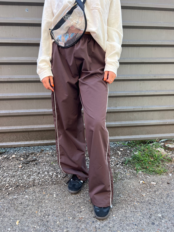 BROWN WIDE LEG PINSTRIPE TRACKPANTS - THE HIP EAGLE BOUTIQUE