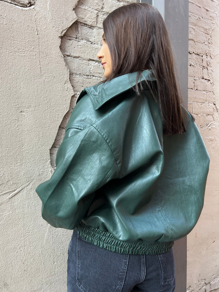 KYLIE DARK GREEN LEATHER BOMBER JACKET - THE HIP EAGLE BOUTIQUE